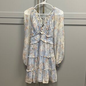 Altar’d State Blue Floral Mini Dress Lace Trim Boho Cottagecore Size Small